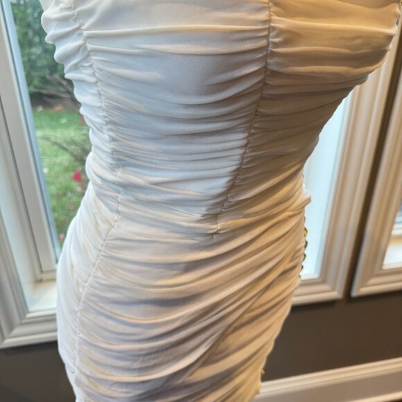 Bebe Strapless Bodycon White Mini Dress Gold Accents - Picture 11 of 12